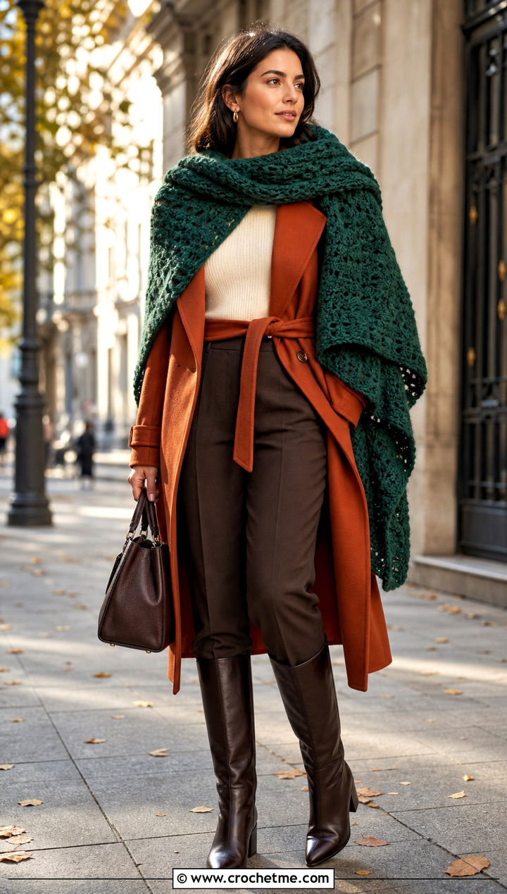 Blanket Crochet Scarf With Belted Coat - 35 fall crochet scarf outfit ideas