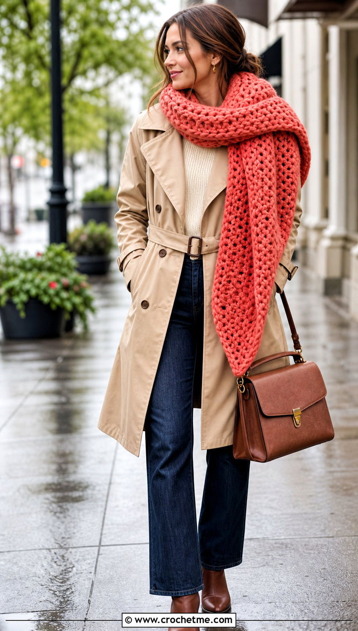 Blanket Crochet Scarf With Belted Trench Coat - 25 crochet for scarfs outfit ideas