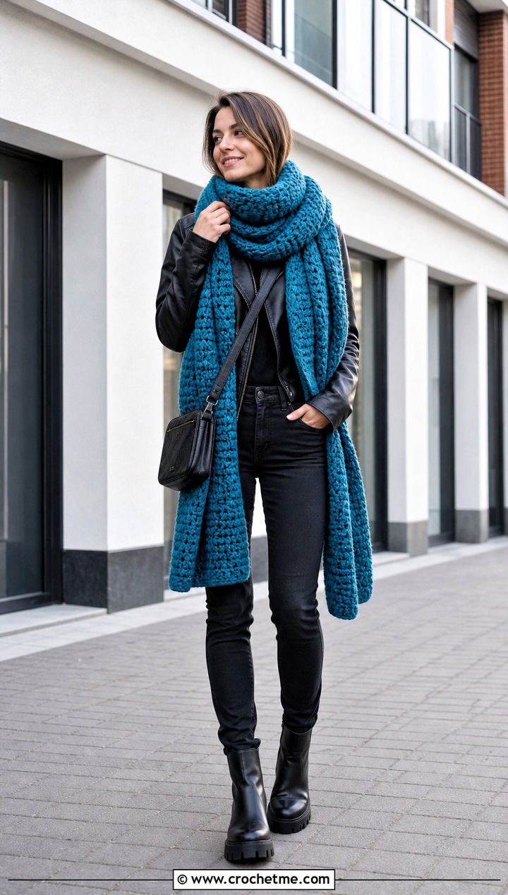 Blanket Crochet Scarf With Leather Jacket - 35 cute crochet scarf outfit ideas