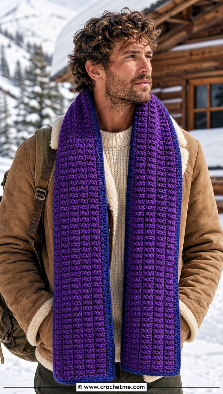 Blanket Crochet Scarf With Shearling Jacket - 20 men's crocheted scarf outfit ideas
