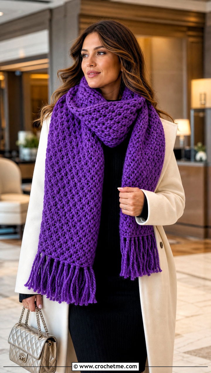 Blanket Crochet Winter Scarf With Sweater Dress - 35 crochet winter scarf outfit ideas
