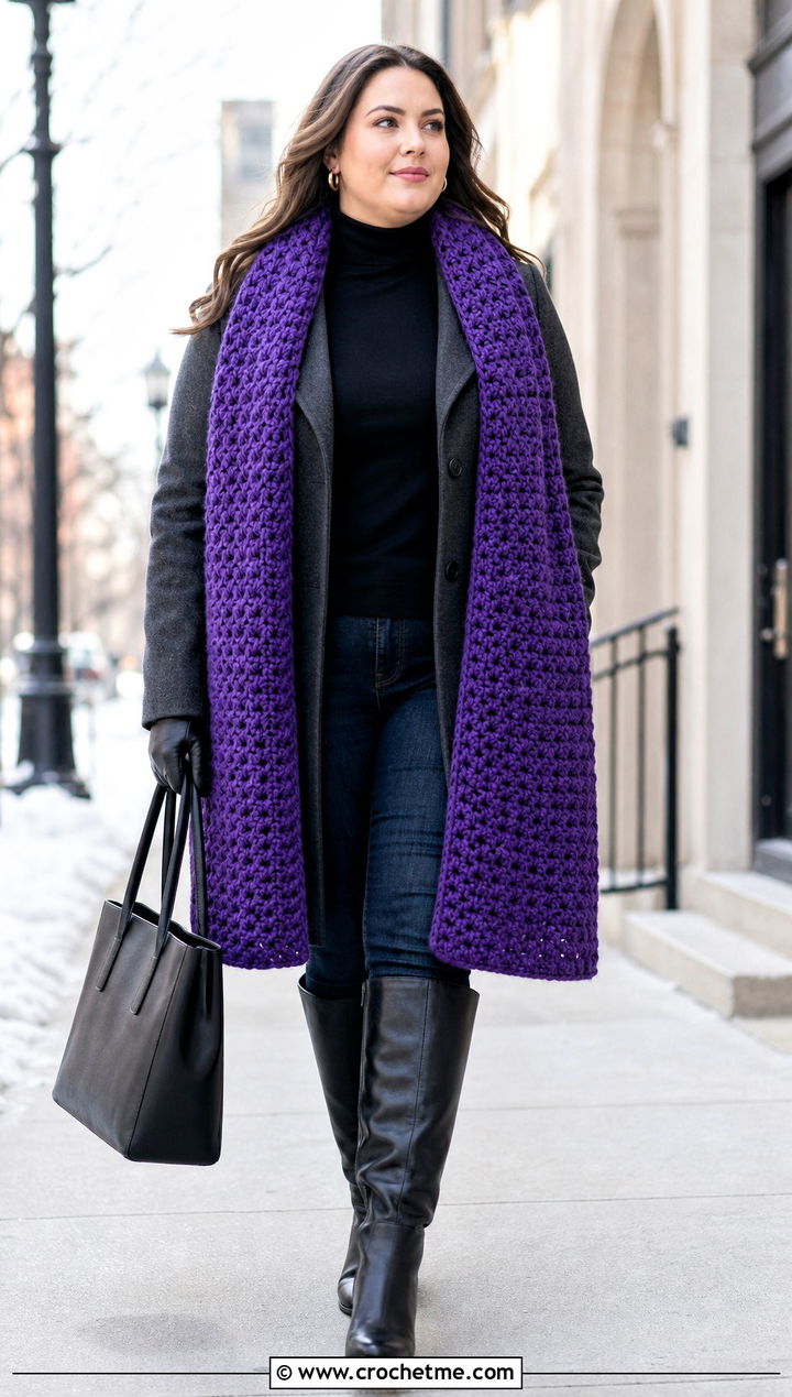 Blanket Double Crochet Scarf With Wool Coat And Boots - 35 double crochet scarf outfit ideas