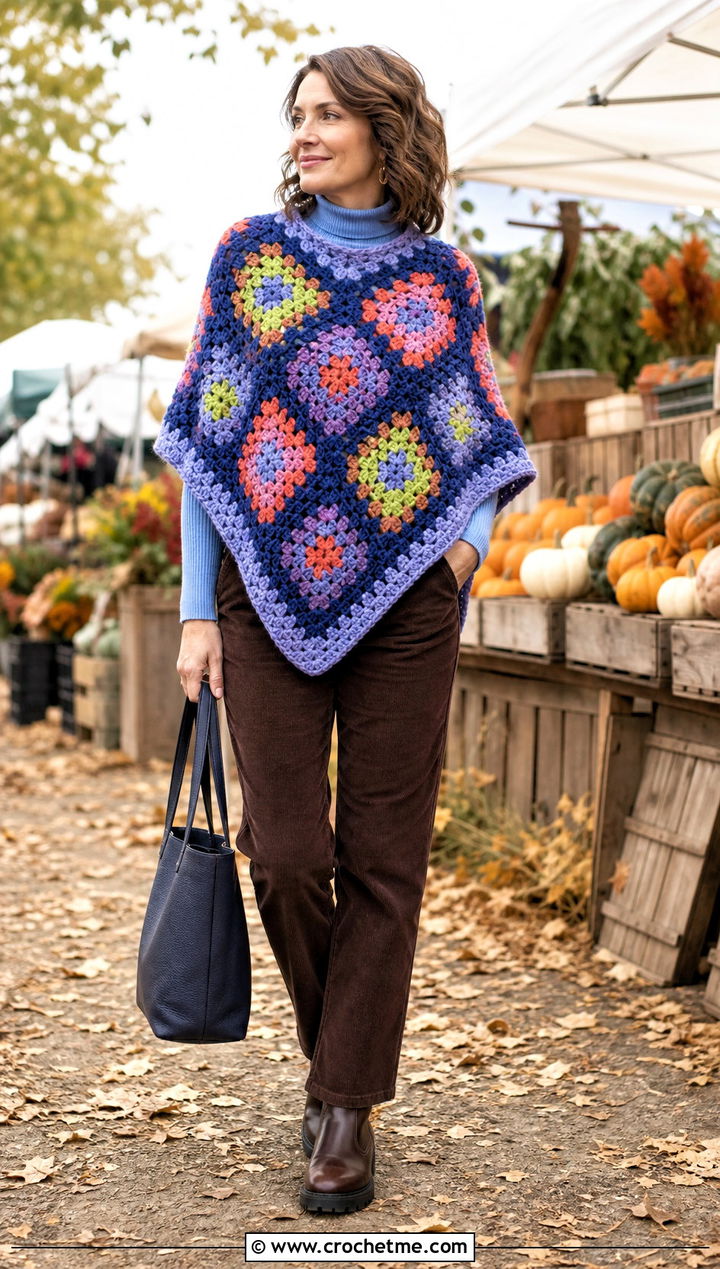 Blanket Granny Square Poncho With Corduroy Pants - 15 easy granny square poncho outfit ideas