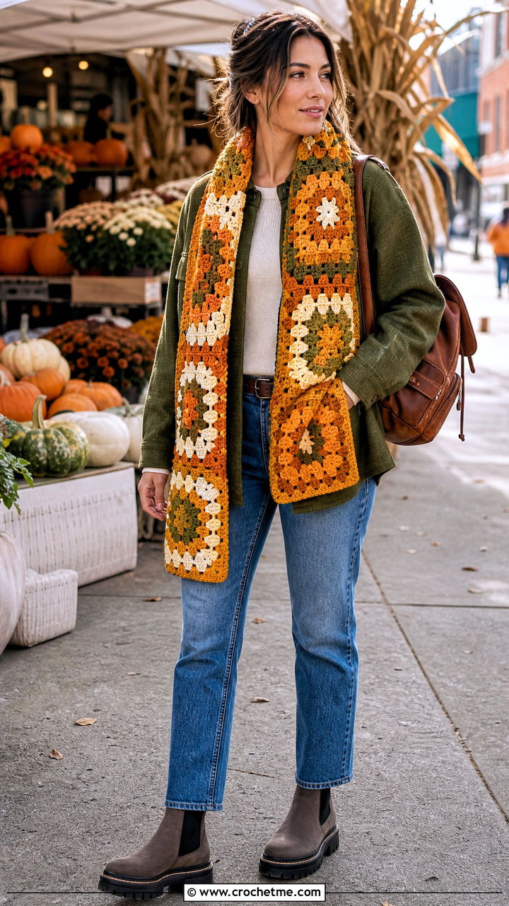 Blanket Granny Square Scarf With Shacket And Straight Leg Jeans - 35 granny square scarf outfit ideas