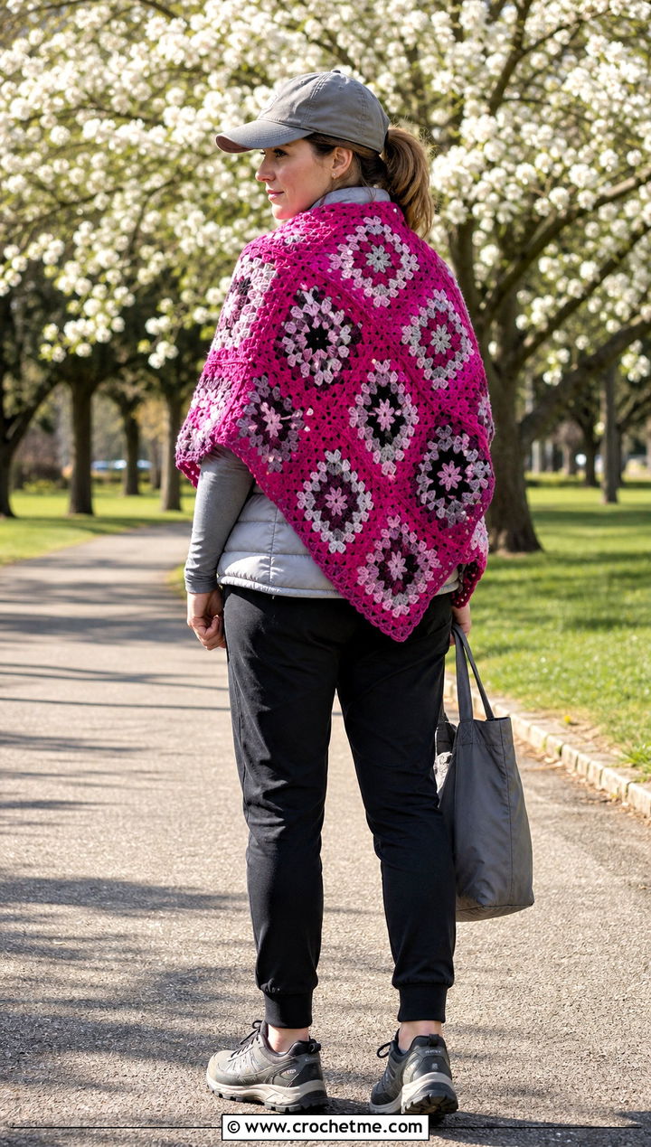 Blanket Granny Square Shawl With Puffer Vest And Joggers - 35 granny square shawl outfit ideas