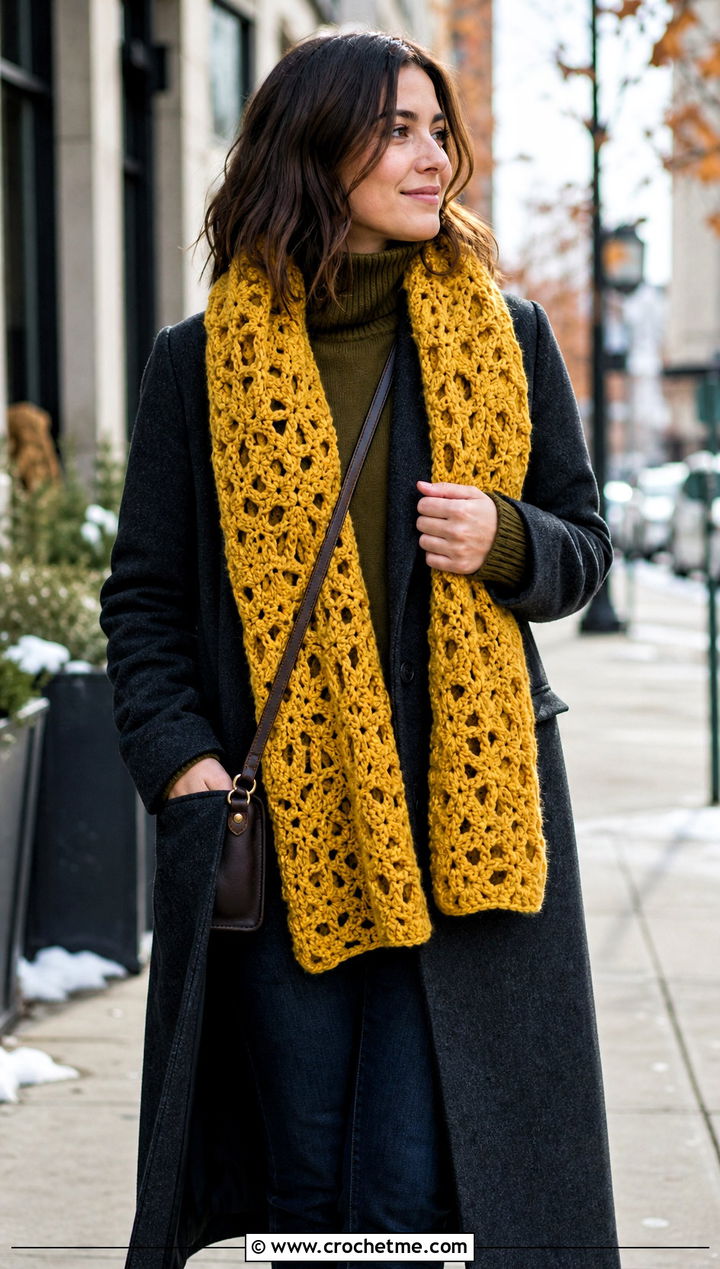 Blanket Lace Crochet Scarf With Coat And Straight Jeans - 15 Easy Lace Crochet Scarf outfit ideas