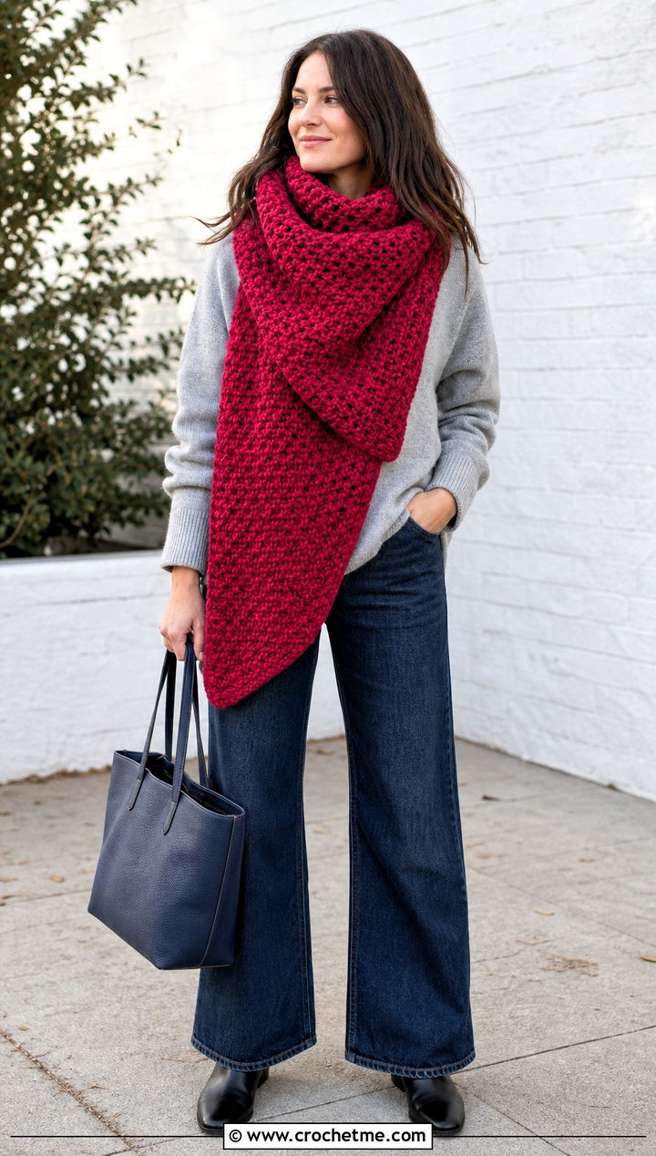Blanket Moss Stitch Crochet Scarf With Sweater And Wide Leg Jeans - 25 Moss Stitch Crochet Scarf outfit ideas