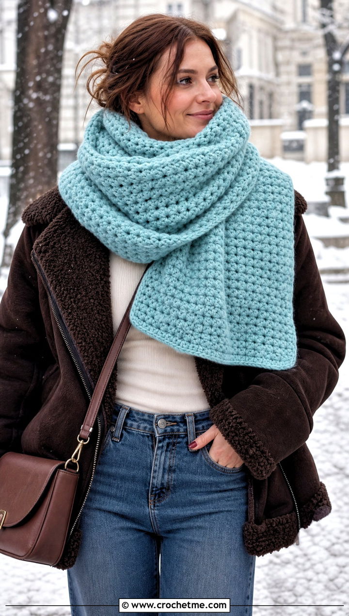 Blanket Single Crochet Scarf With Shearling Jacket And Wide Jeans - 25 Single Crochet Scarf outfit ideas