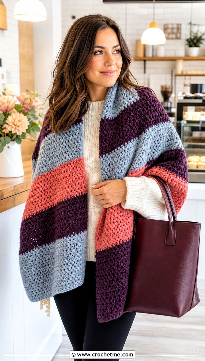 Blanket Stripe Crochet Scarf With Sweater And Leggings - 30 Stripe Crochet Scarf outfit ideas
