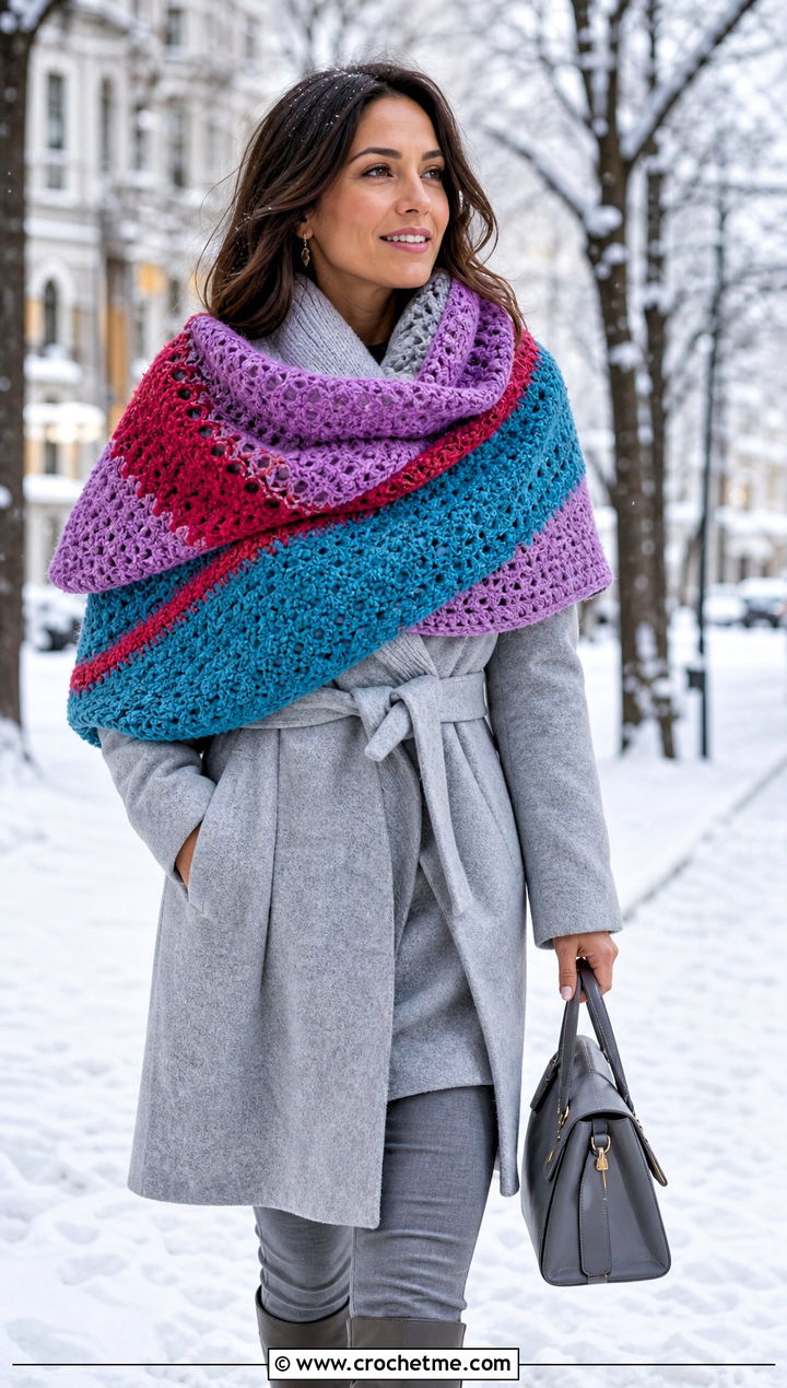 Blanket Temperature Scarf With Belted Coat - 30 crochet temperature scarf outfit ideas