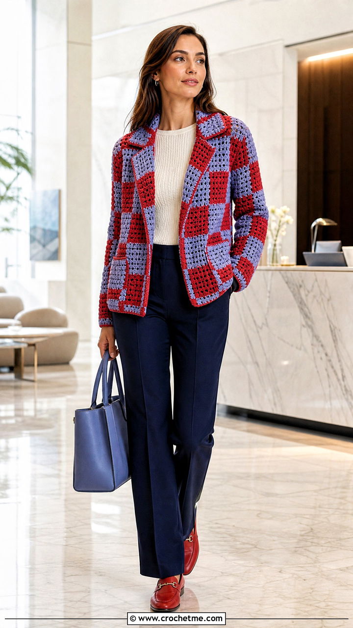 Blazer Style Crochet Checkered Cardigan With Matching Trousers - 35 crochet checkered cardigan outfit ideas