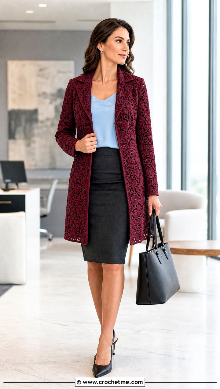 Blazer Style Irish Crochet Coat With Pencil Skirt - 25 irish crochet coat outfit ideas