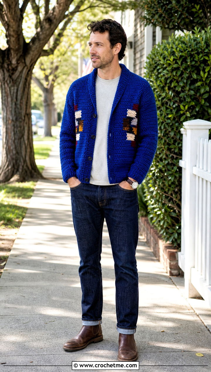 Block Stitch Crochet Cardigan With Dark Denim - 30 mens crochet cardigan sweater outfit ideas