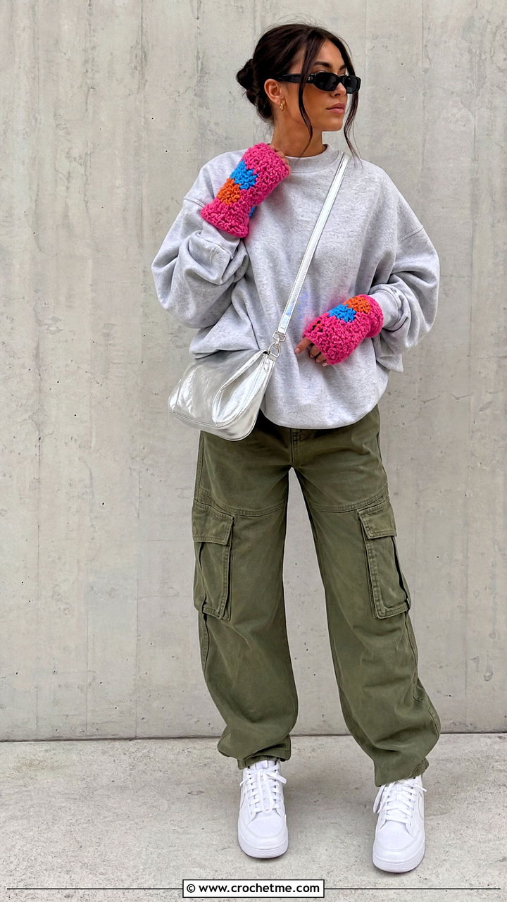 Block Stitch Crochet Fingerless Gloves With Cargo Pants - 35 easy crochet fingerless gloves outfit ideas