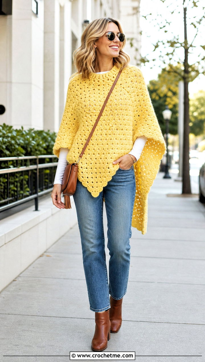 Block Stitch Martha Stewart Crochet Poncho With Straight Leg Jeans - 15 martha stewart crochet poncho outfit ideas