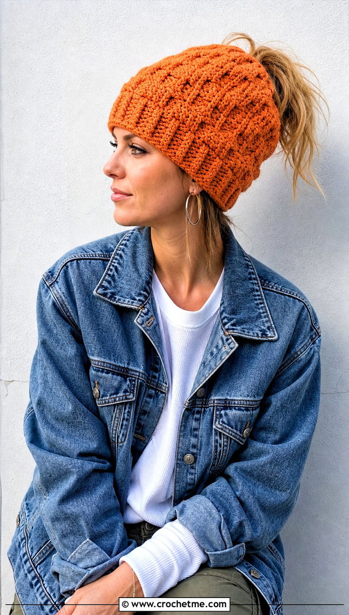 Block Stitch Messy Bun Crochet Hat With Denim Jacket - 25 Messy Bun Crochet Hat outfit ideas
