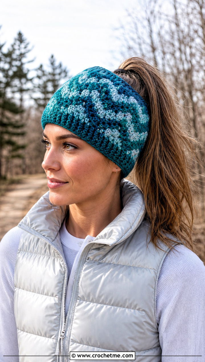 Block Stitch Ponytail Hat With Puffer Vest - 15 bun crochet hat outfit ideas