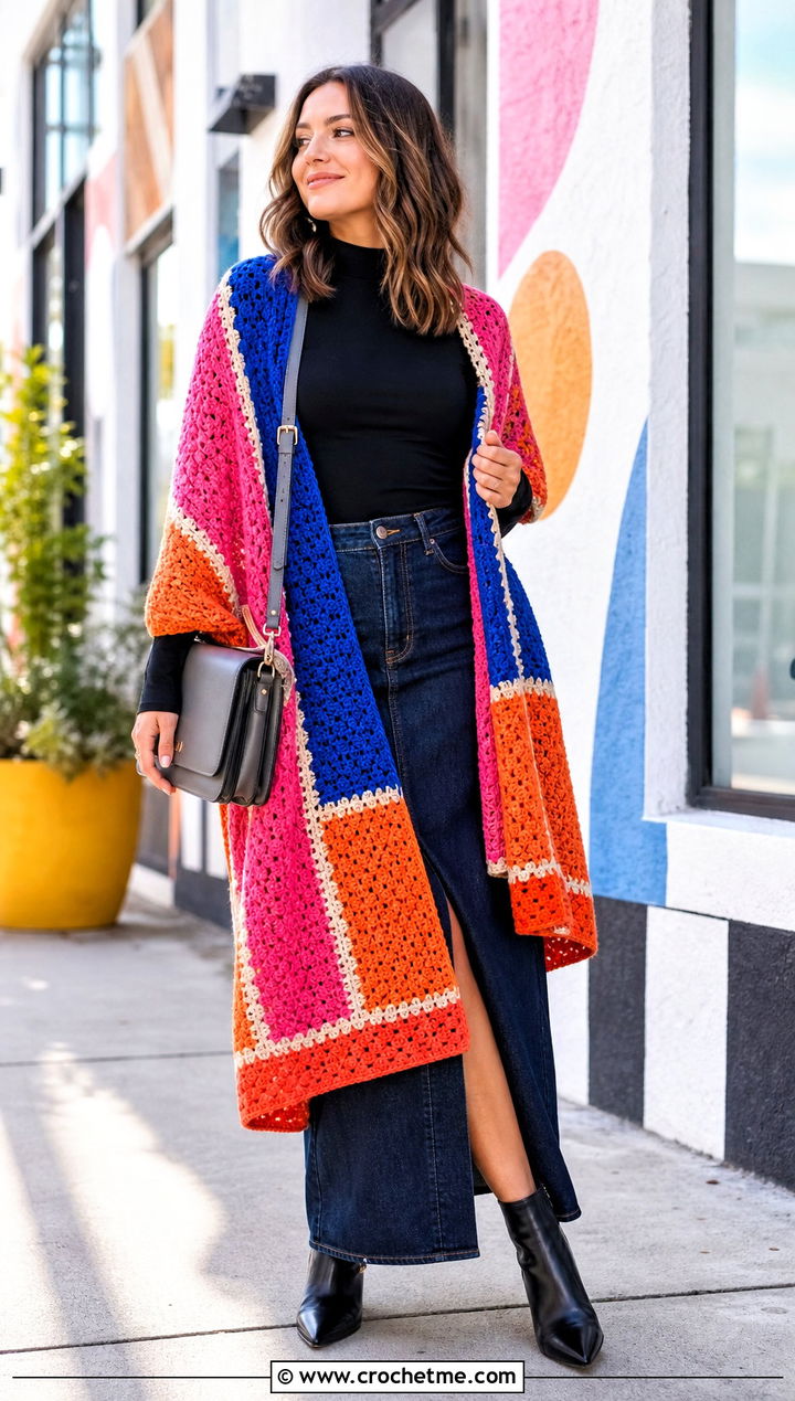 Block Stitch Rectangle Shawl With Denim Maxi Skirt - 25 Easy Crochet Rectangle Shawl outfit ideas