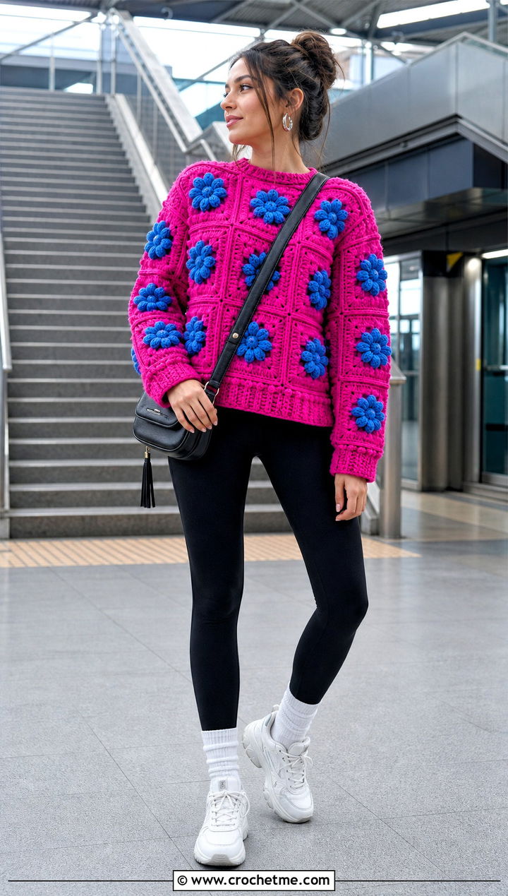 Blooming Bobble Granny Square Sweater With Leggings - 30 flower granny square sweater outfit ideas