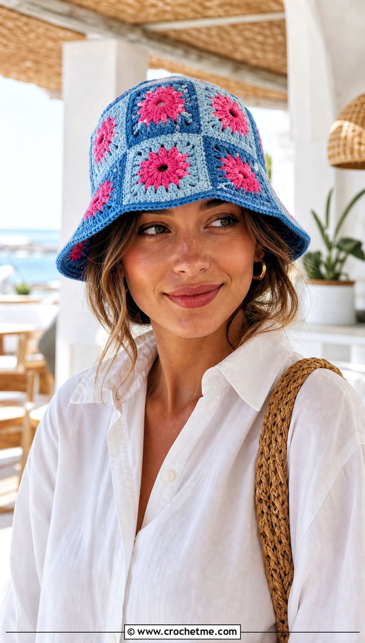 Blossom Granny Square Bucket Hat With White Shirt - 30 crochet flower hat outfit ideas