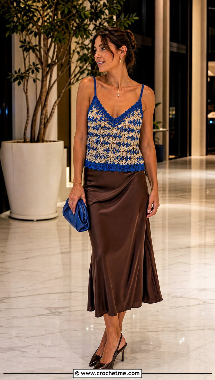 Blue And Beige Crochet Camisole With A Satin Midi Skirt - 15 Blue And Beige Crochet Top outfit ideas