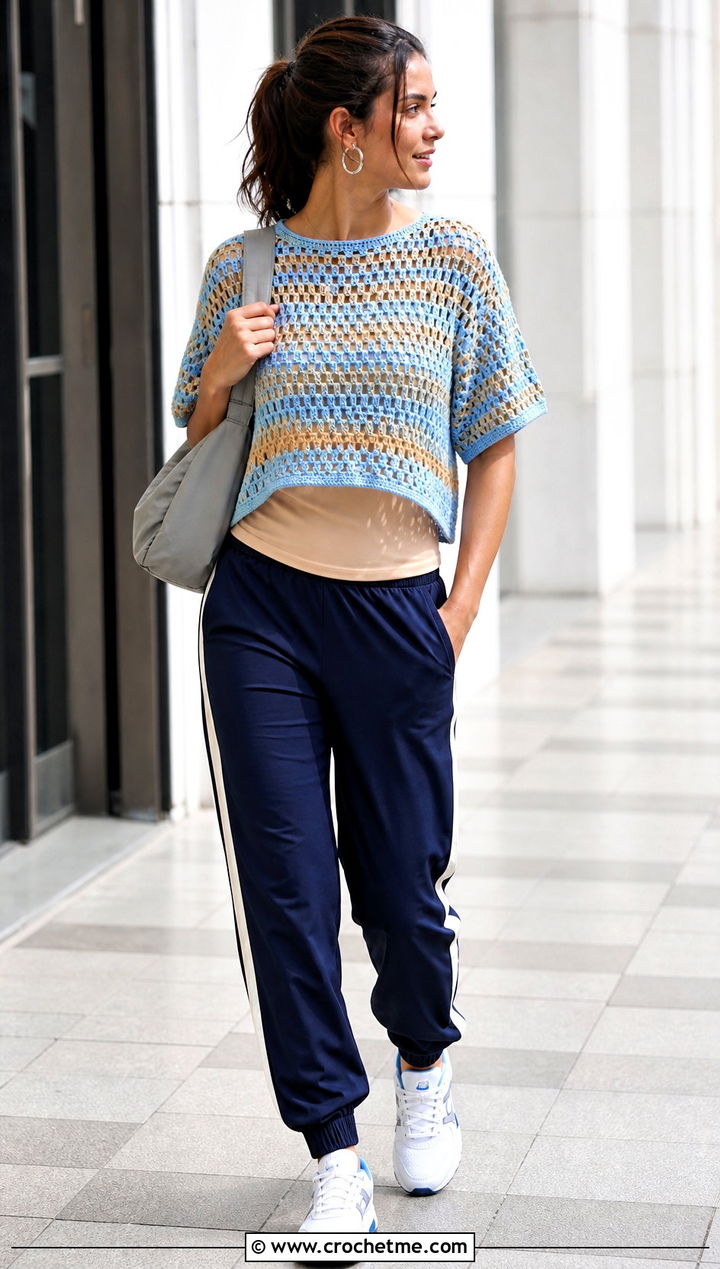 Blue And Beige Crochet T Shirt With Track Pants - 15 Blue And Beige Crochet Top outfit ideas