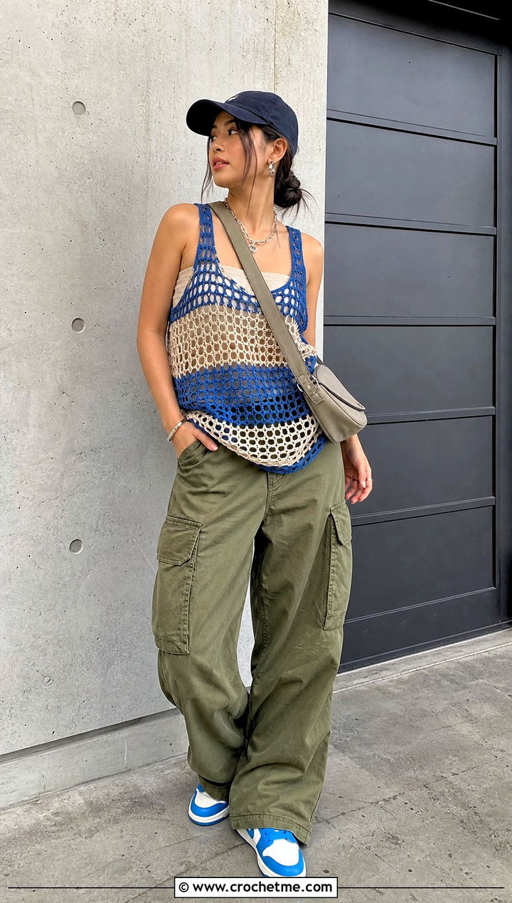 Blue And Beige Mesh Crochet Tank With Cargo Pants - 15 Blue And Beige Crochet Top outfit ideas