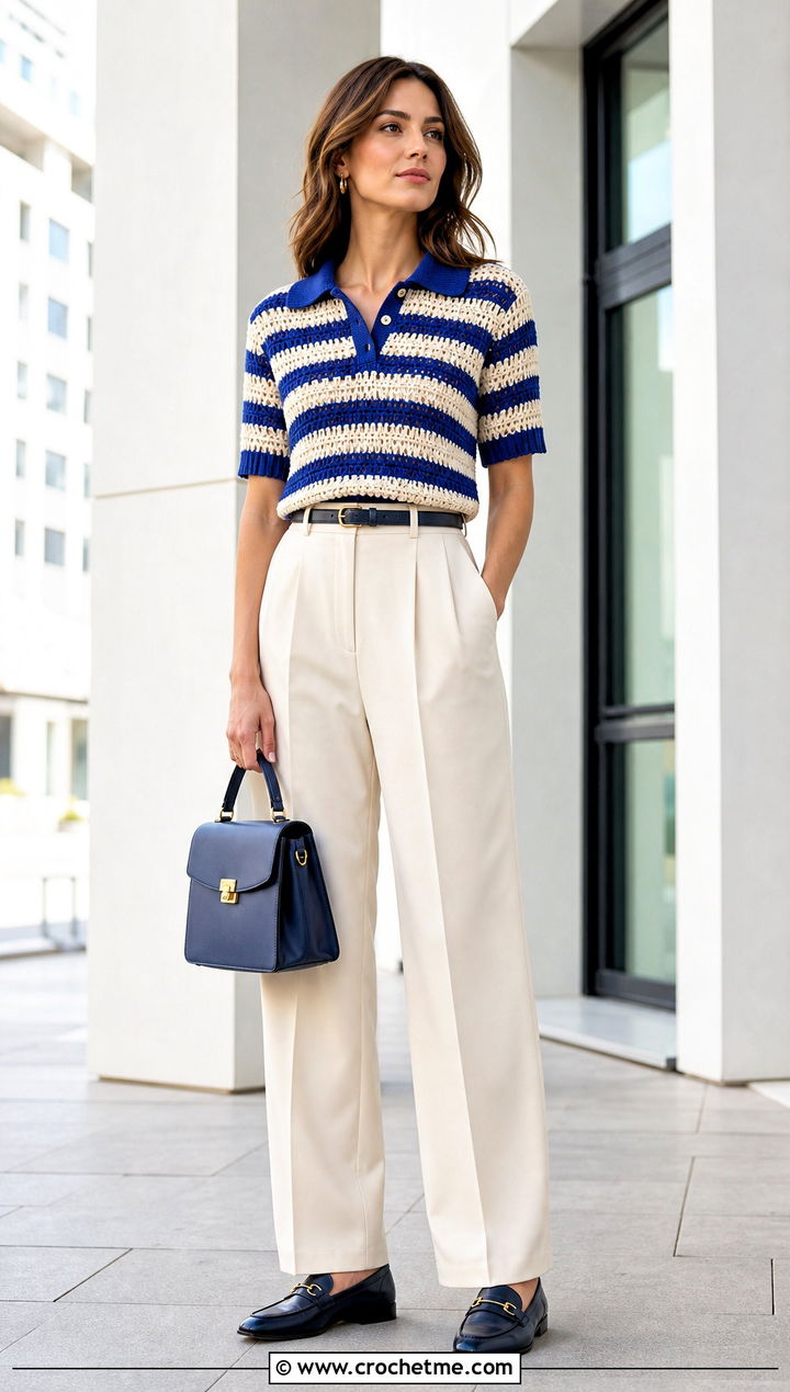 Blue And Beige Striped Crochet Polo With Tailored Trousers - 15 Blue And Beige Crochet Top outfit ideas