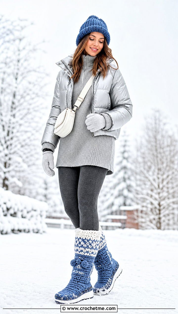 Blue And White Chunky Crochet Snow Boots With Puffer Coat - 15 Blue And White Crochet Boots outfit ideas