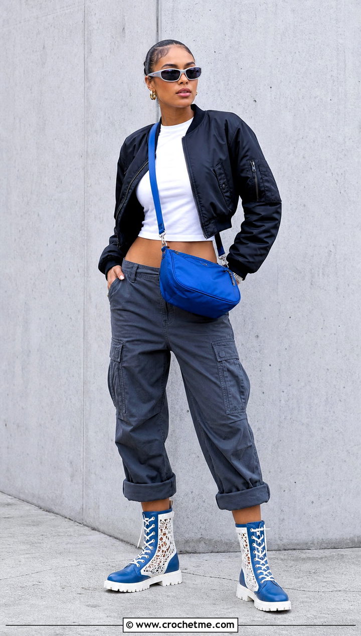 Blue And White Lace Up Crochet Combat Boots With Cargo Pants - 15 Blue And White Crochet Boots outfit ideas
