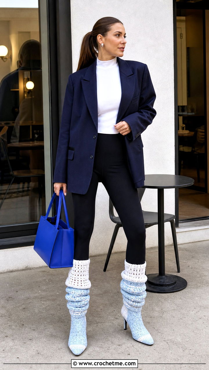 Blue And White Slouchy Crochet Boots With Leggings And Blazer - 15 Blue And White Crochet Boots outfit ideas