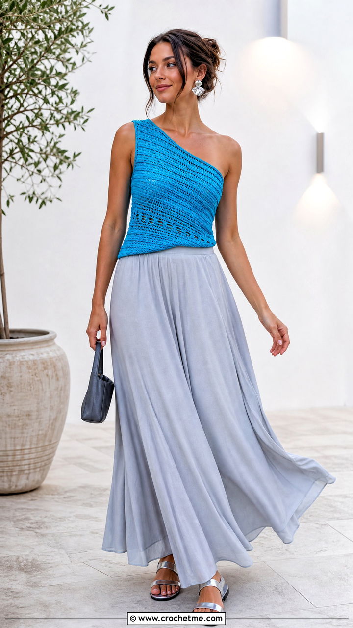 Blue Asymmetric Crochet Top With Maxi Skirt - 35 blue crochet top outfit ideas