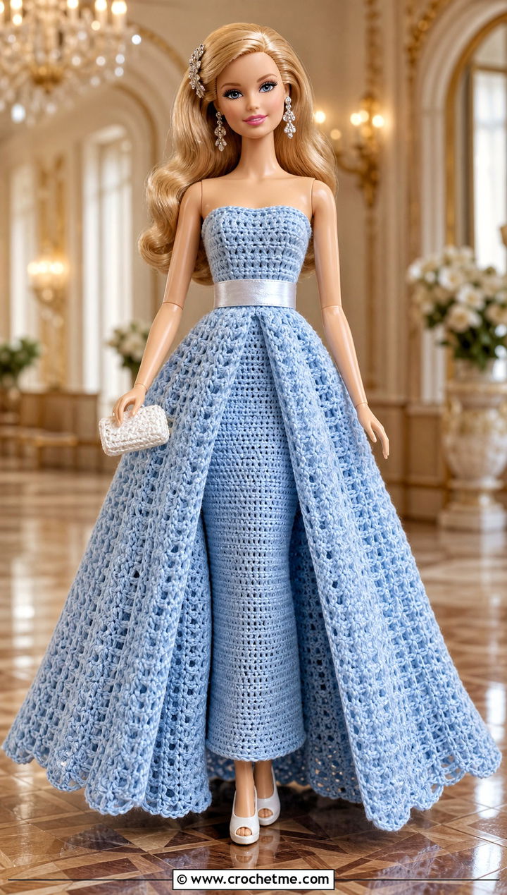 Blue Aura Convertible Overskirt Crochet Barbie Ball Gown - 30 crochet barbie ball gowns outfit ideas