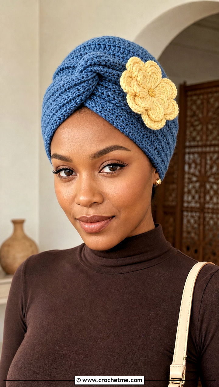 Blue Aura Crocheted Turban Hat With Flower And Monochrome Outfit - 15 Blue Crocheted Hat With Flower outfit ideas