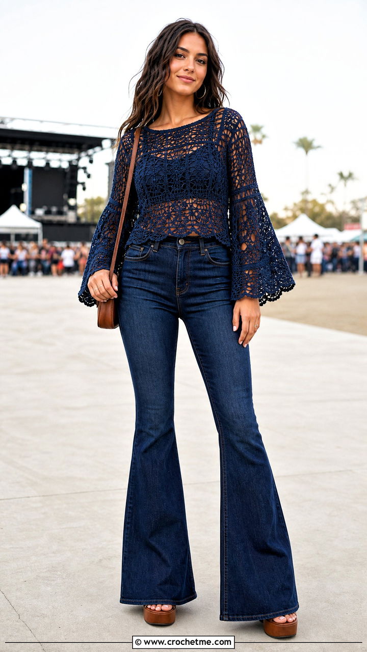Blue Bell Sleeve Crochet Top With Flared Jeans - 35 blue crochet top outfit ideas