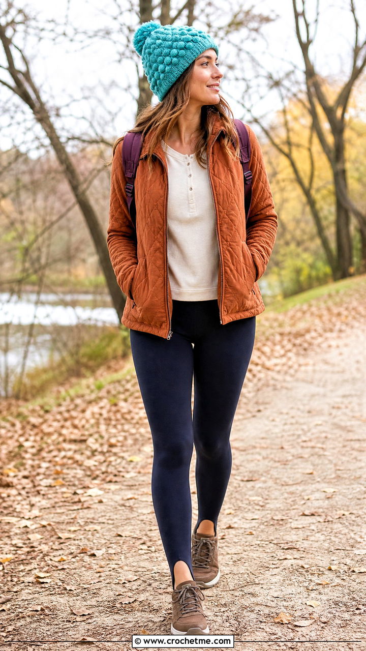 Blue Bobble Stitch Crochet Hat With Quilted Jacket And Leggings - 35 Blue Crochet Hat outfit ideas
