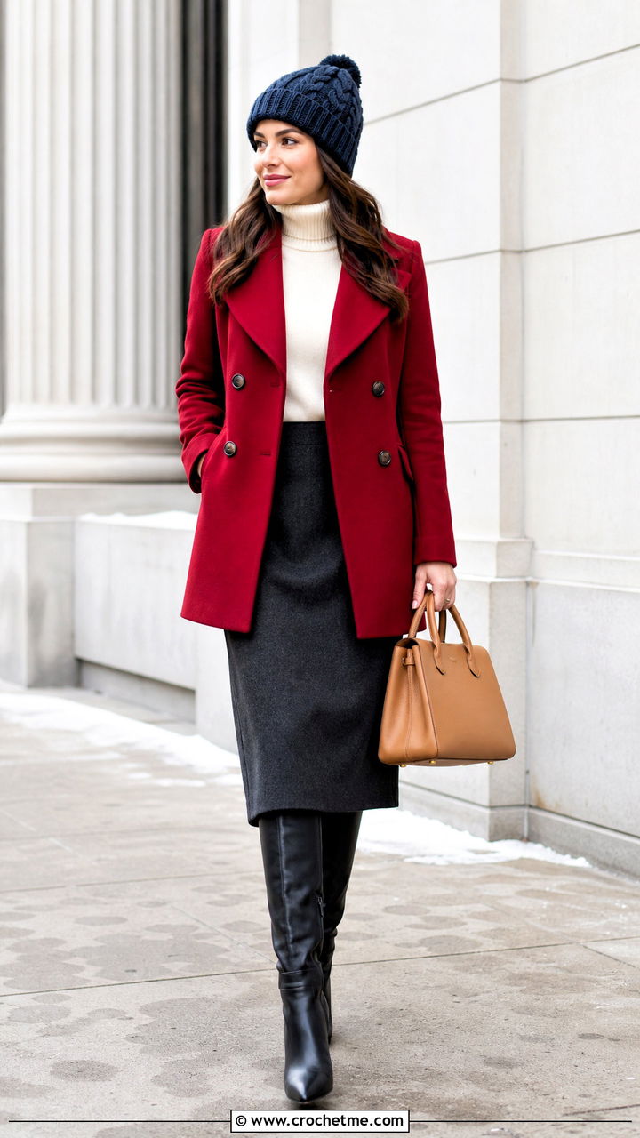 Blue Cable Crochet Beanie With Peacoat And Midi Skirt - 35 Blue Crochet Hat outfit ideas
