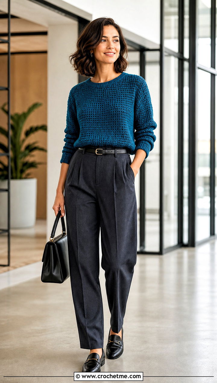 Blue Crewneck Crochet Sweater With Tailored Trousers - 15 Blue Crochet Sweater On Hanger outfit ideas