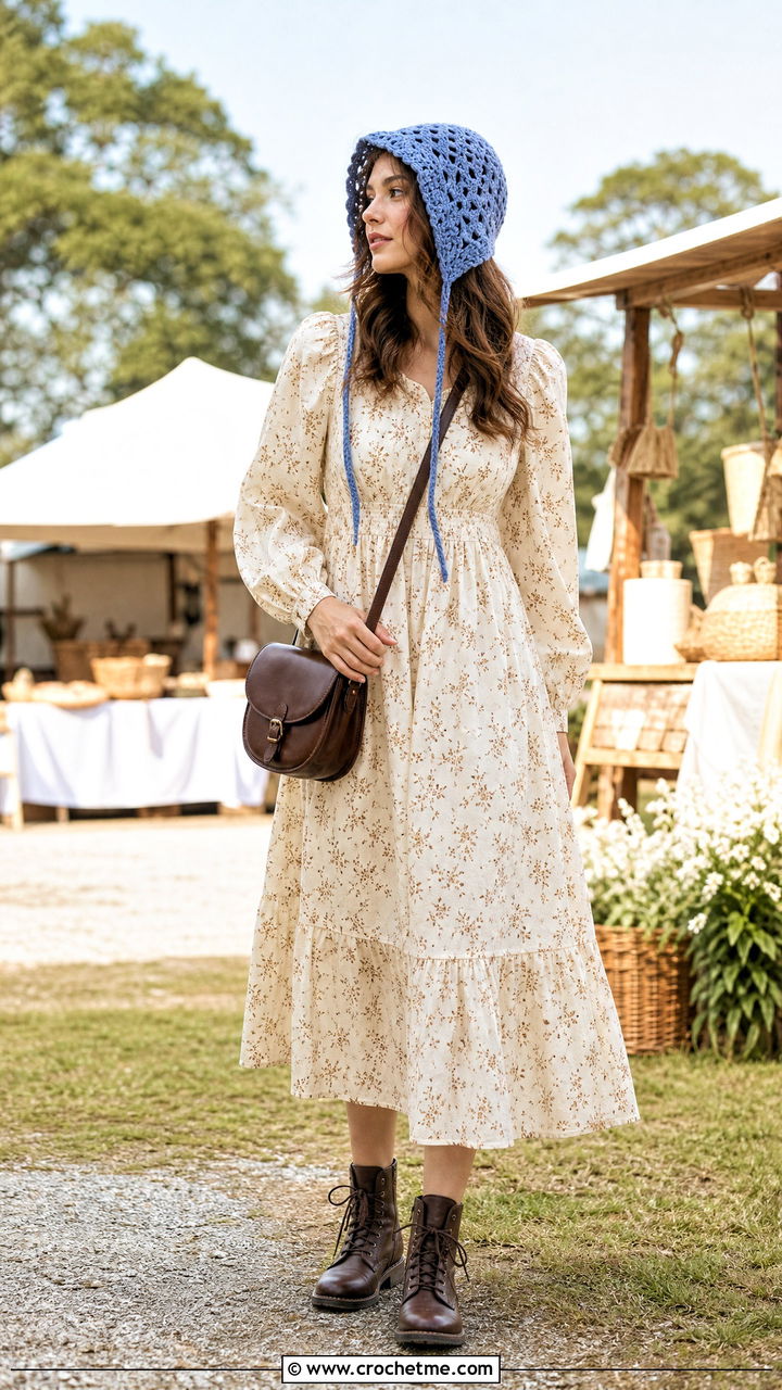 Blue Crochet Bonnet With Prairie Dress And Ankle Boots - 35 Blue Crochet Hat outfit ideas