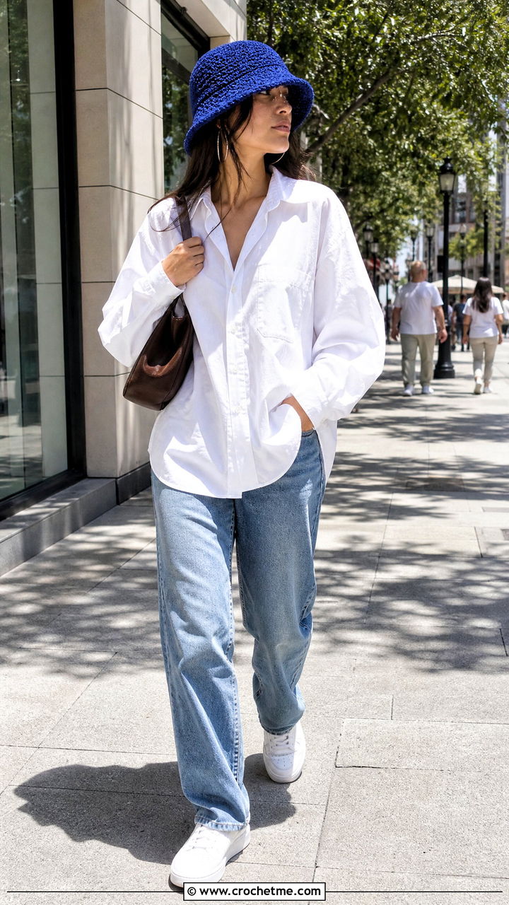 Blue Crochet Bucket Hat With White Shirt And Jeans - 35 Blue Crochet Hat outfit ideas