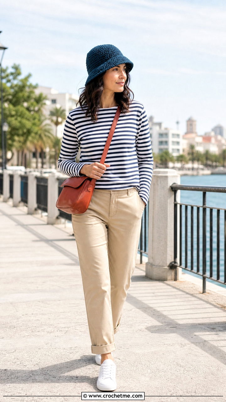Blue Crochet Fisherman Hat With Striped Shirt And Chinos - 35 Blue Crochet Hat outfit ideas