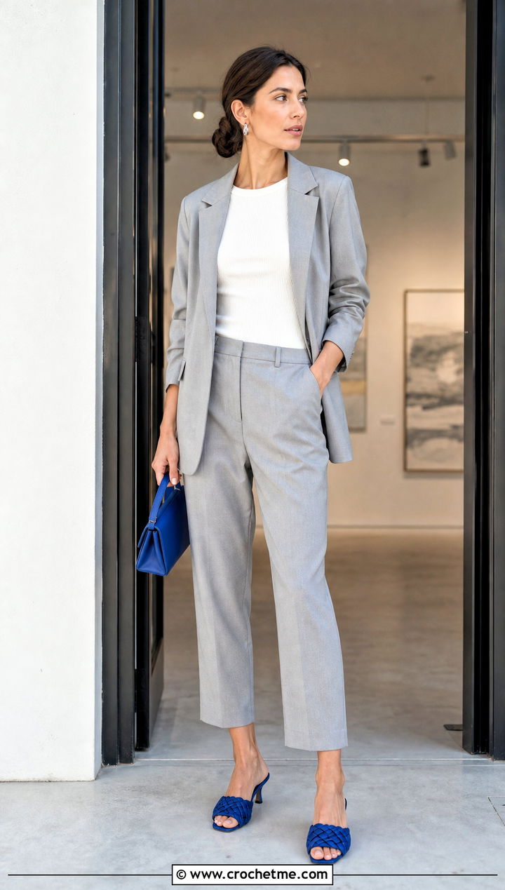 Blue Crochet Mule Sandals With A Pantsuit - 15 Blue Crochet Sandals outfit ideas
