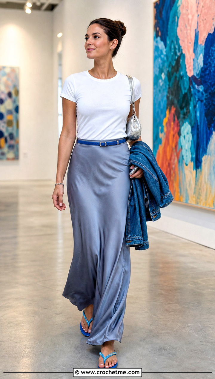 Blue Crochet Thong Sandals With A Satin Maxi Skirt - 15 Blue Crochet Sandals outfit ideas