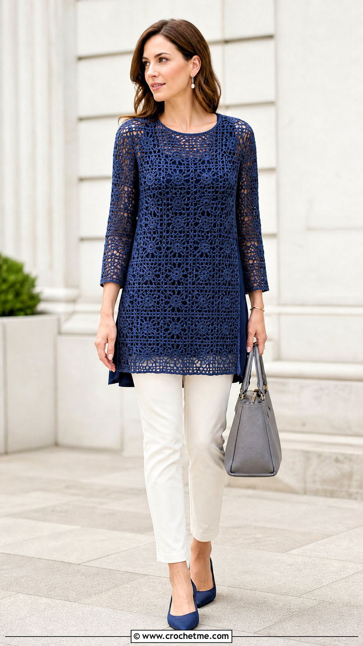 Blue Crochet Tunic Top With Slim Pants - 35 blue crochet top outfit ideas