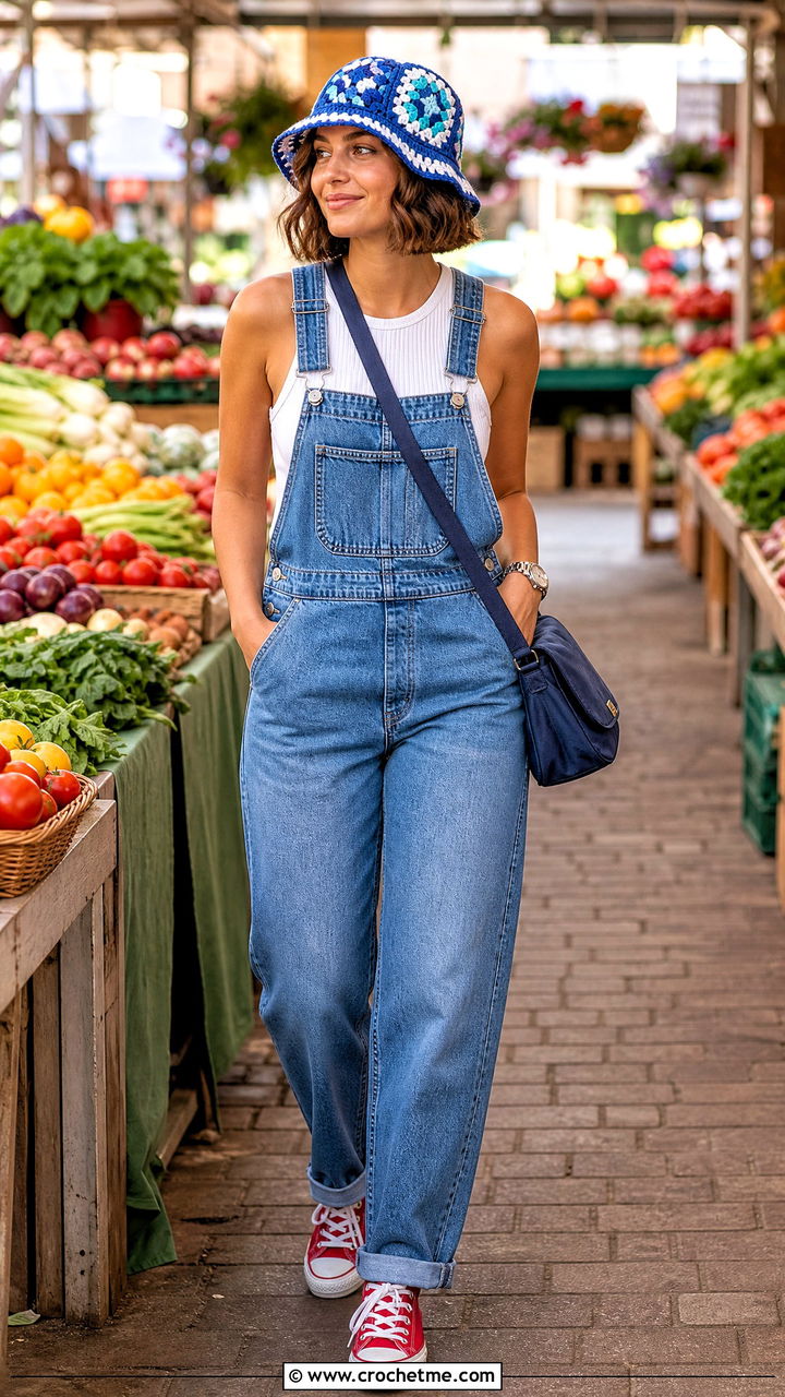 Blue Granny Square Crochet Bucket Hat With Denim Overalls - 35 Blue Crochet Hat outfit ideas