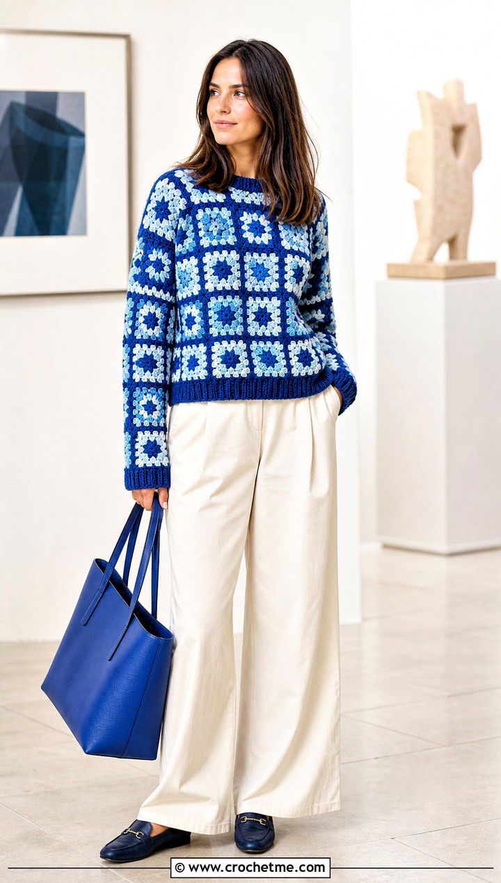 Blue Granny Square Crochet Sweater With Pleated Trousers - 15 Blue Crochet Sweater On Hanger outfit ideas