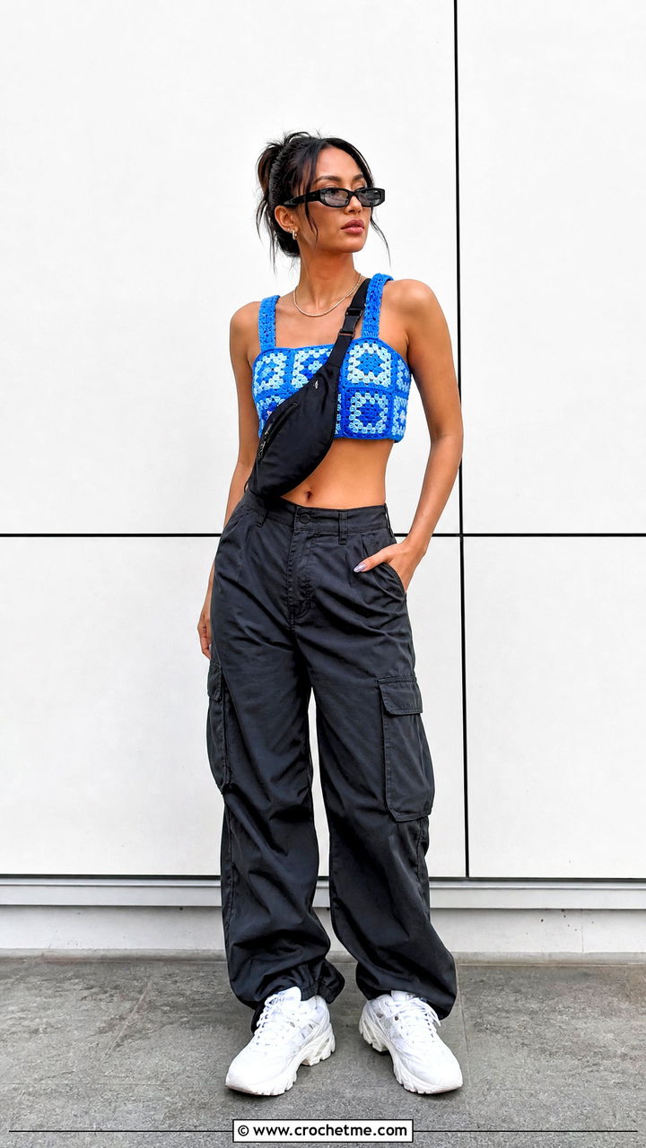 Blue Granny Square Crop Top With Cargo Pants - 35 blue crochet top outfit ideas