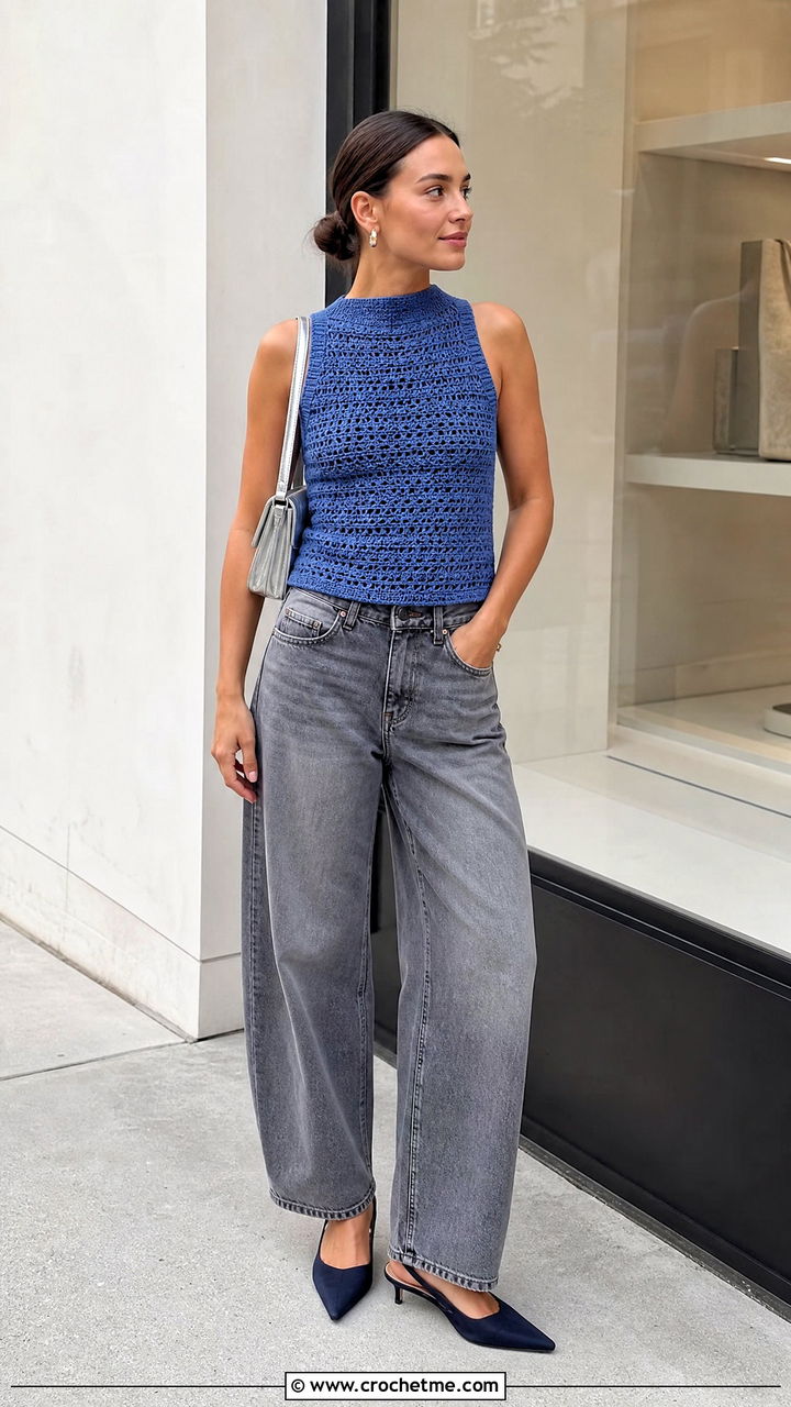 Blue High Neck Crochet Top With Barrel Jeans - 35 blue crochet top outfit ideas