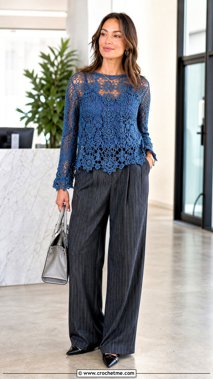 Blue Lace Crochet Top With Pinstripe Trousers - 35 blue crochet top outfit ideas