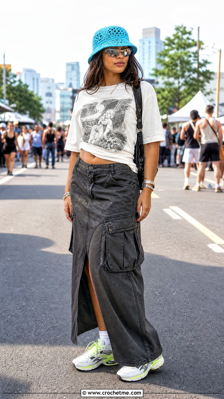 Blue Mesh Crochet Bucket Hat With Graphic Tee And Cargo Skirt - 35 Blue Crochet Hat outfit ideas